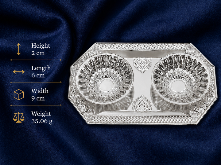 Real Silver Double Diya Pooja Tray – Rectangular Floral Design - image 2