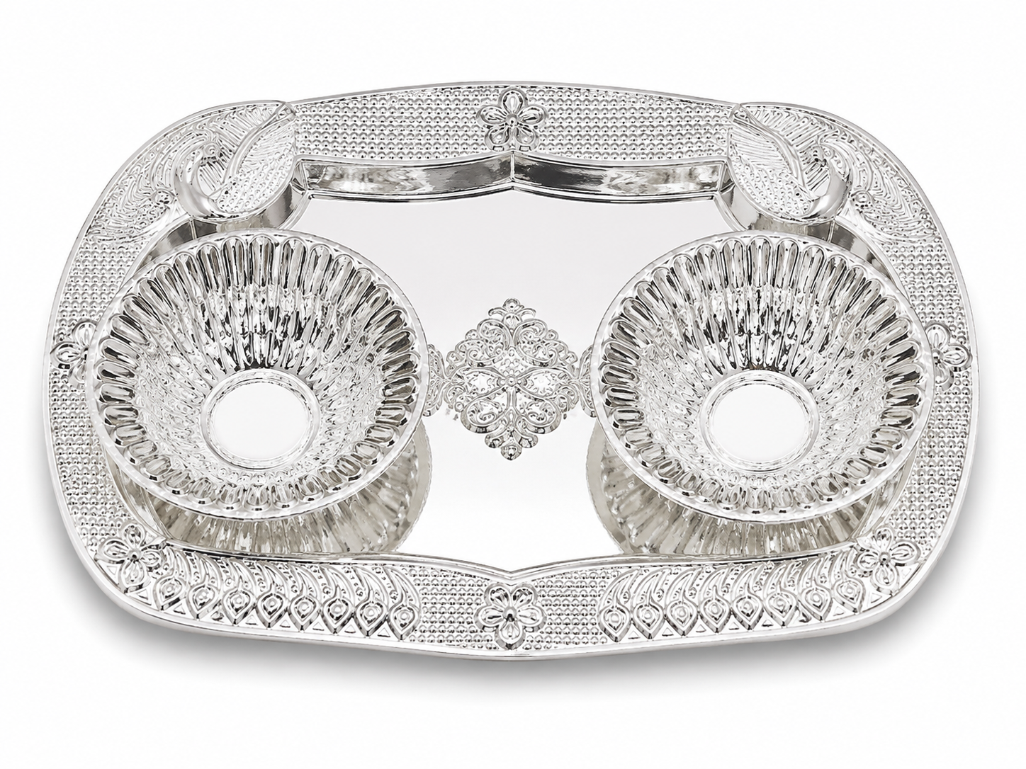 Real Silver Double Diya Pooja Tray with Peacock Motif - image 1