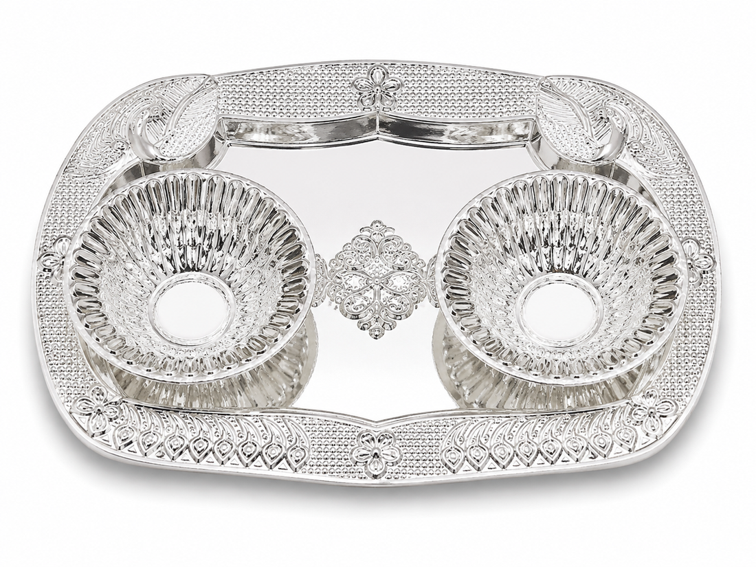 Real Silver Double Diya Pooja Tray with Peacock Motif - image 1