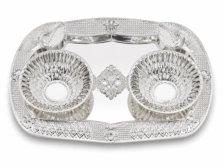 Real Silver Double Diya Pooja Tray with Peacock Motif - image 1