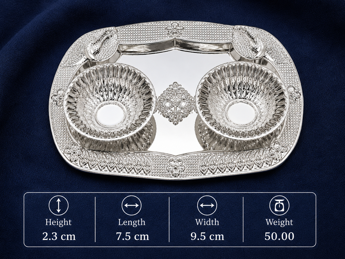 Real Silver Double Diya Pooja Tray with Peacock Motif - image 2