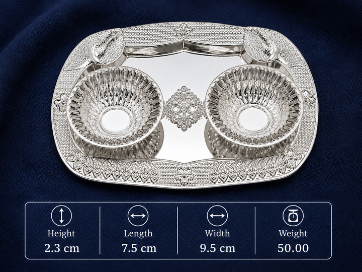 Real Silver Double Diya Pooja Tray with Peacock Motif - image 2