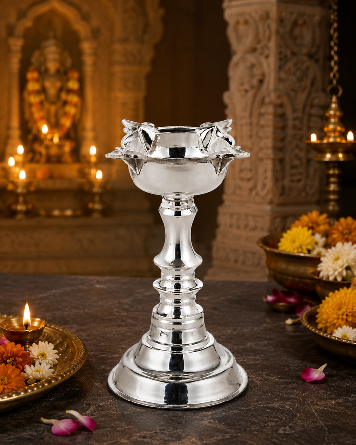 Real Silver Floral Pedestal Diya Stand – Tall Traditional Pooja Lamp - image 2