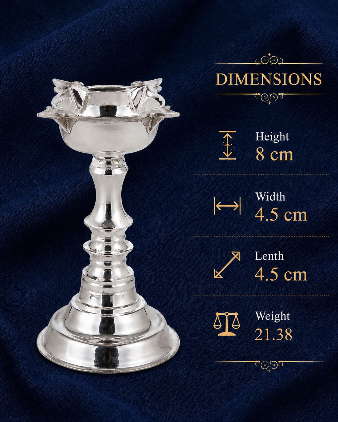 Real Silver Floral Pedestal Diya Stand – Compact Traditional Pooja Lamp - image 3