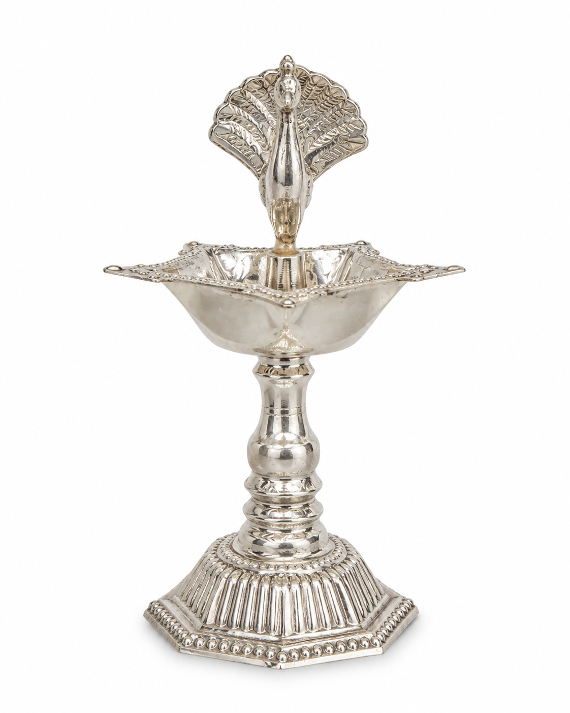 Real Silver Peacock Pedestal Diya – Traditional Pooja Lamp - image 1