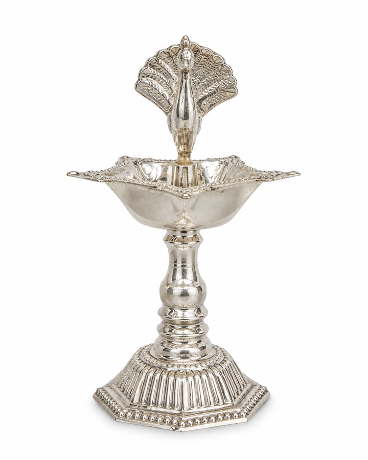 Real Silver Peacock Pedestal Diya – Traditional Pooja Lamp - image 1
