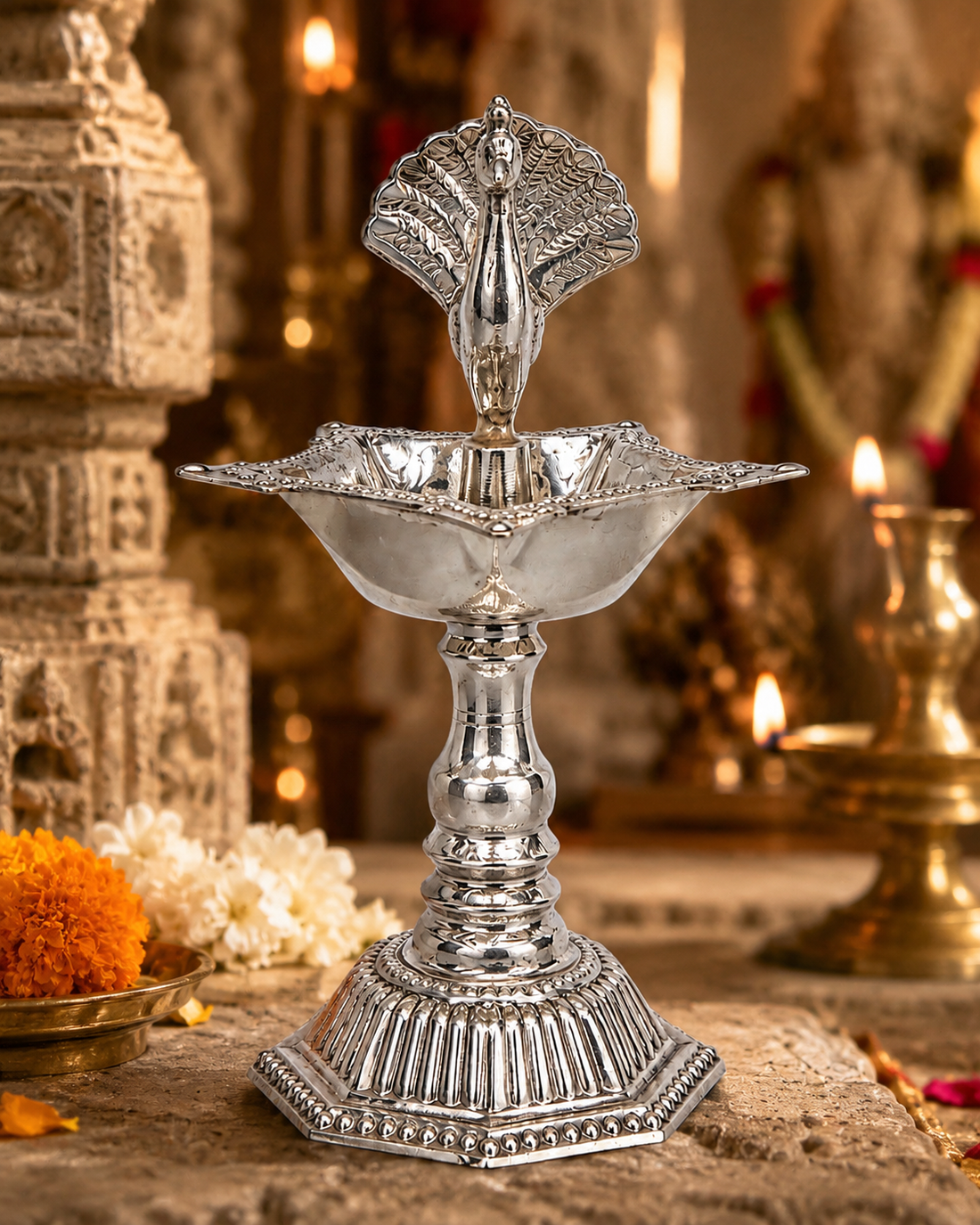 Real Silver Peacock Pedestal Diya – Traditional Pooja Lamp - image 2