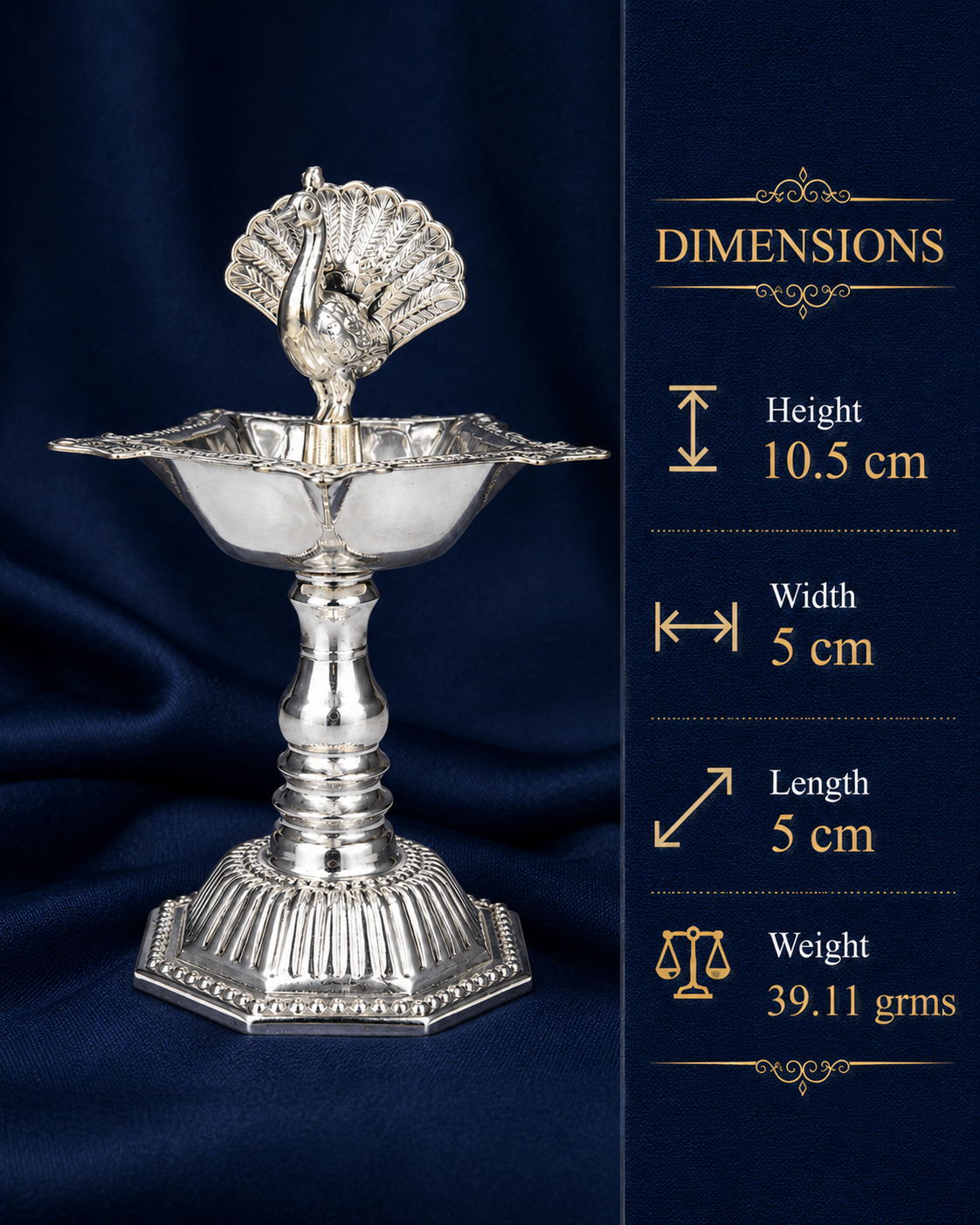 Real Silver Peacock Pedestal Diya – Traditional Pooja Lamp - image 3