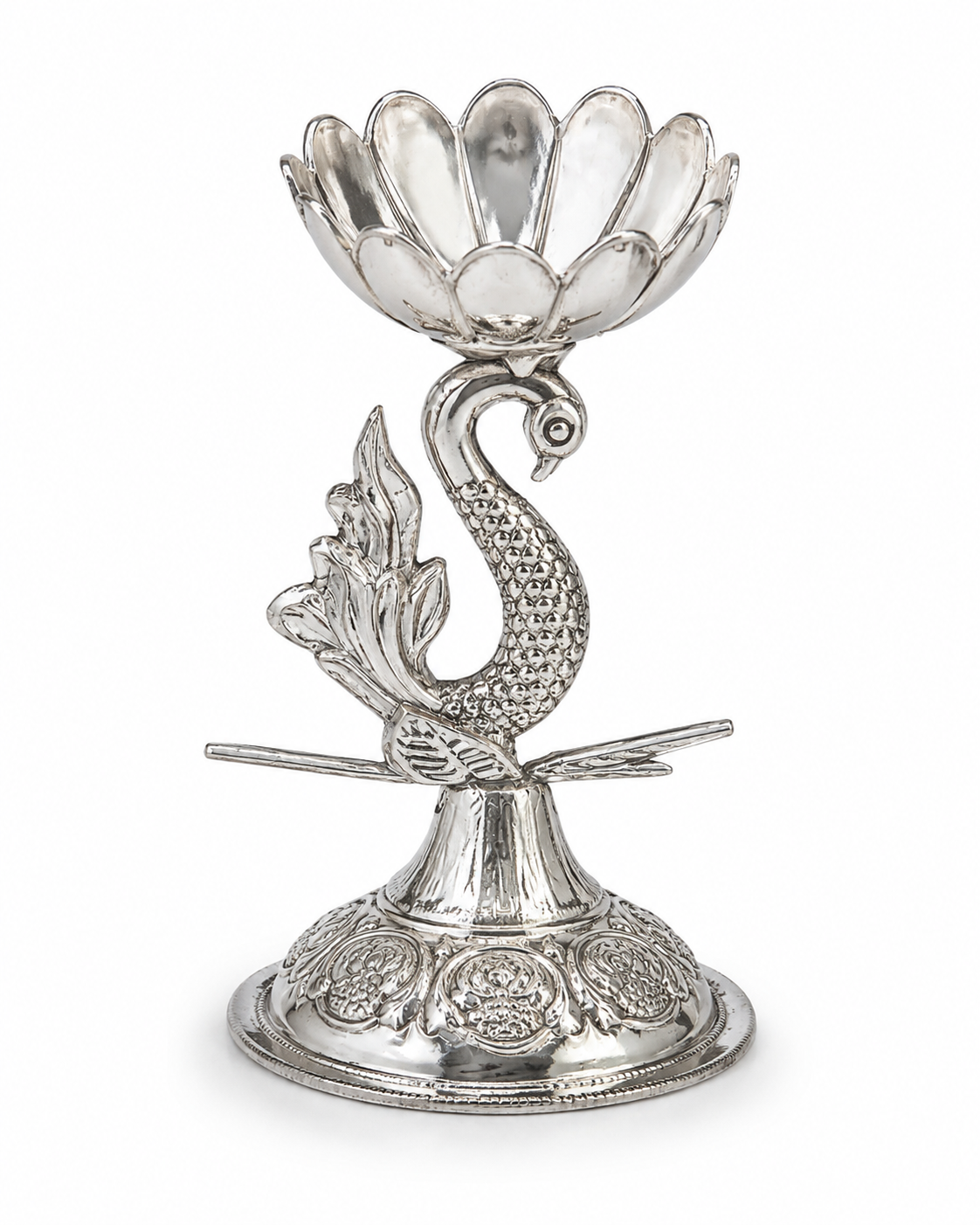 Real Silver Peacock Lotus Diya Stand – Decorative Pooja Lamp - image 1