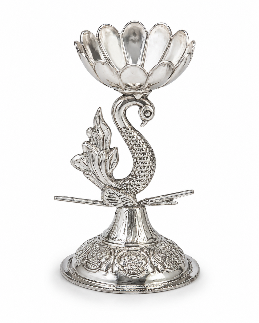 Real Silver Peacock Lotus Diya Stand – Decorative Pooja Lamp - image 1