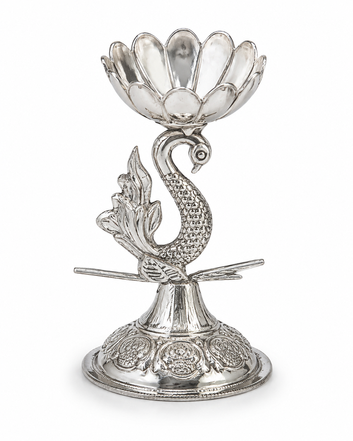 Real Silver Peacock Lotus Diya Stand – Decorative Pooja Lamp - image 1