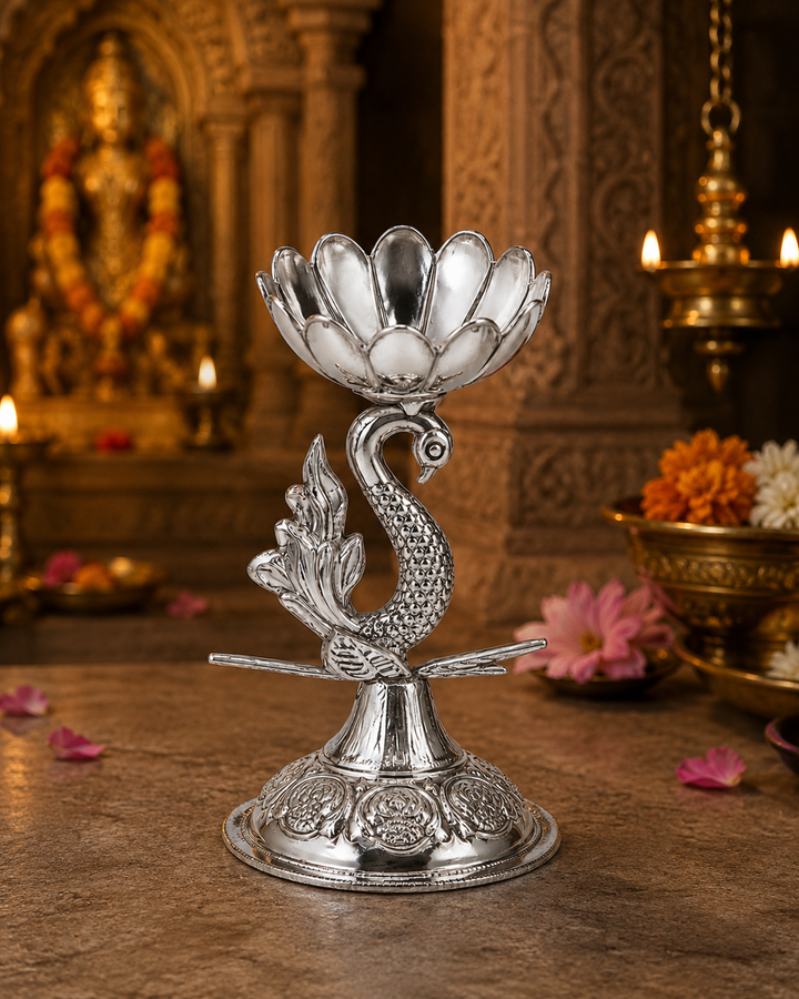 Real Silver Peacock Lotus Diya Stand – Decorative Pooja Lamp - image 2
