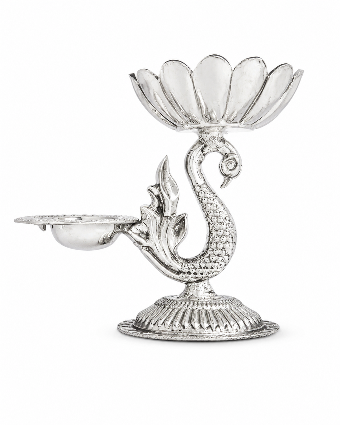Real Silver Peacock Double Diya Stand with Lotus Bowl - image 1