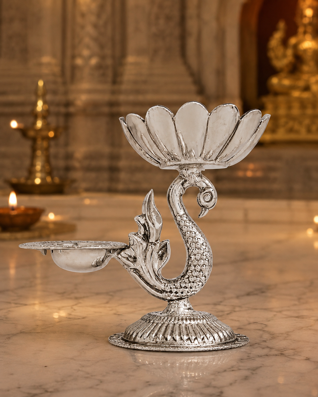 Real Silver Peacock Double Diya Stand with Lotus Bowl - image 2