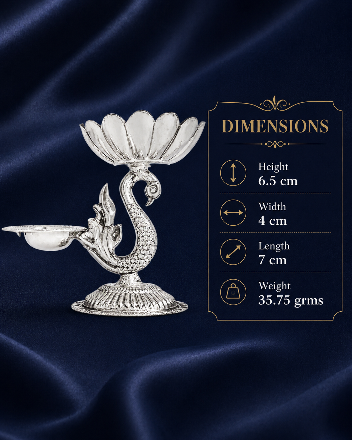 Real Silver Peacock Double Diya Stand with Lotus Bowl - image 3