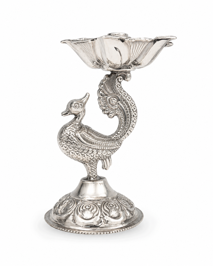 Real Silver Peacock Lotus Diya Stand – Compact Pooja Lamp - image 1