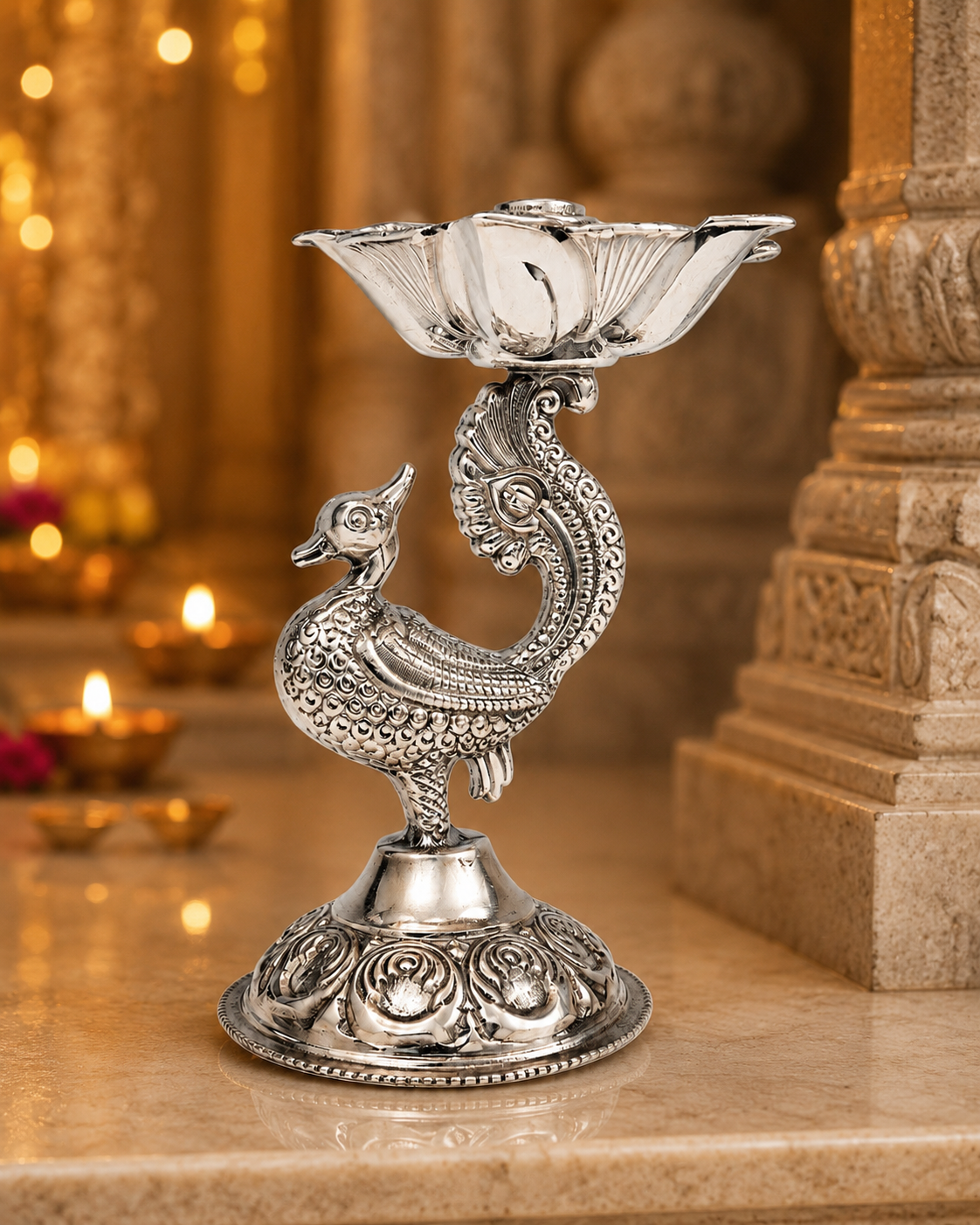Real Silver Peacock Lotus Diya Stand – Compact Pooja Lamp - image 2