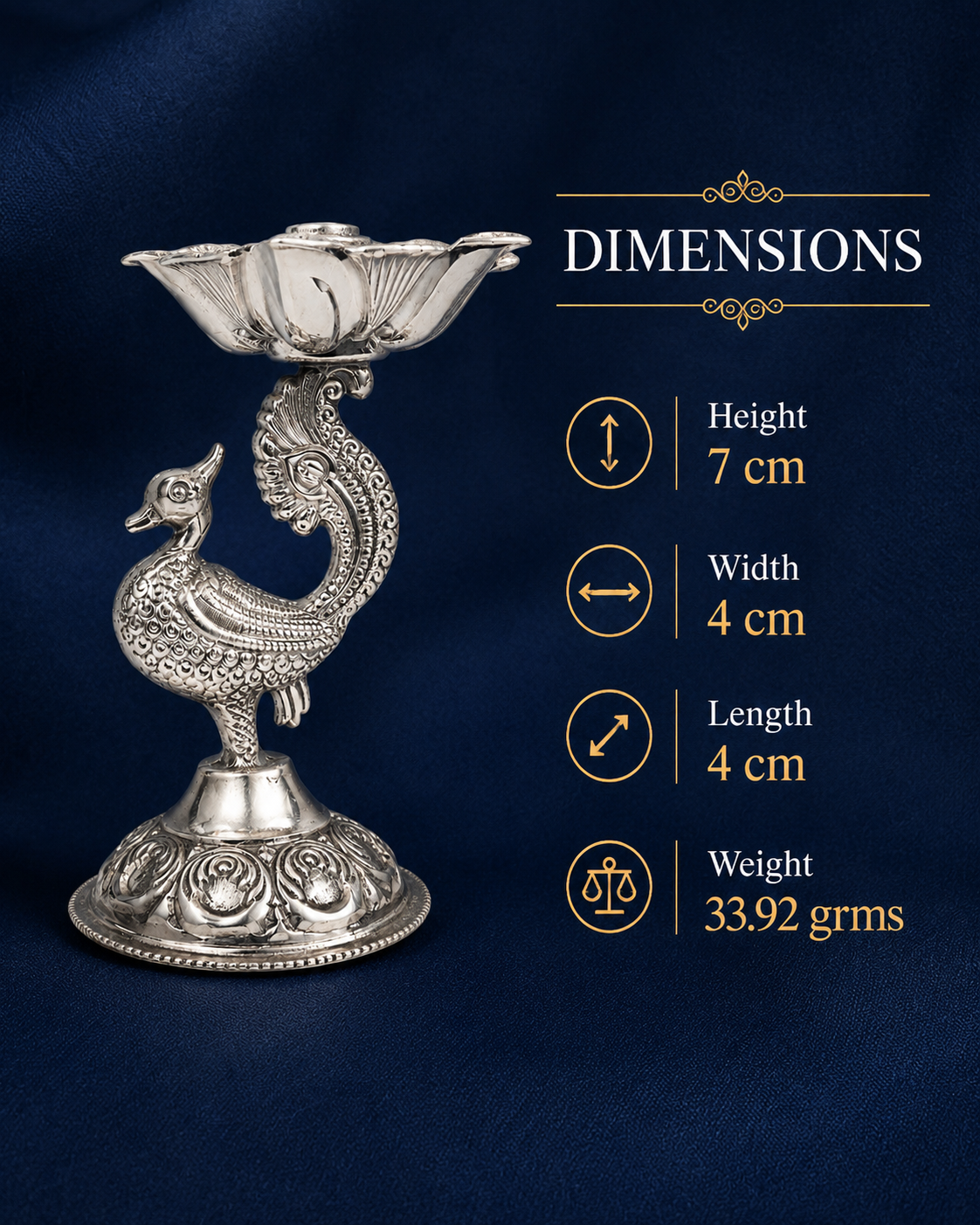 Real Silver Peacock Lotus Diya Stand – Compact Pooja Lamp - image 3