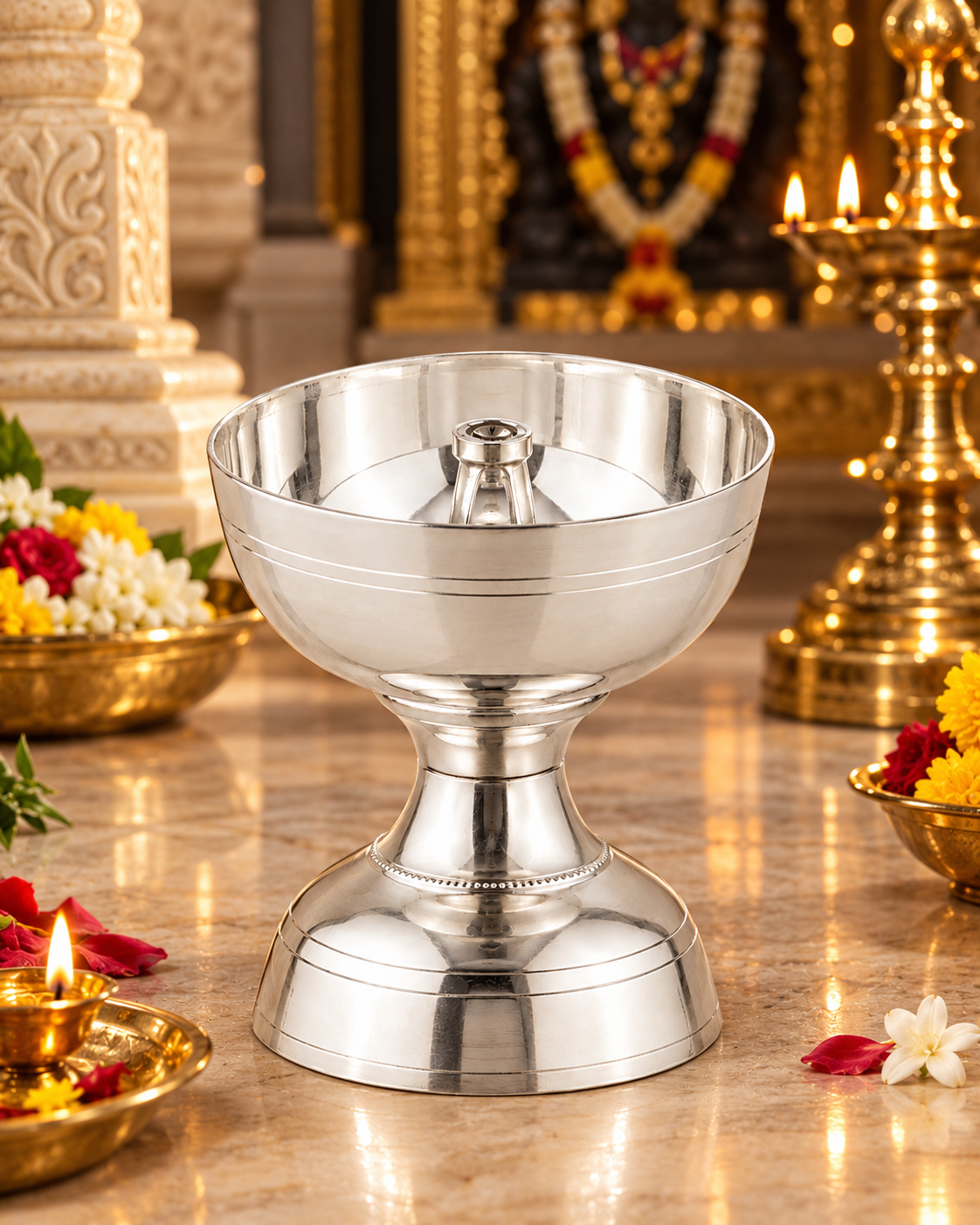 Real Silver Pedestal Akhand Jyot Diya – Medium Design - image 2