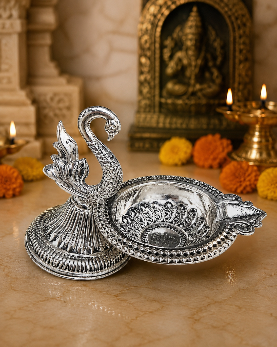 Real Silver Swan Pooja Diya – Ornate Decorative Lamp for Home Temple & Gifting - image 3