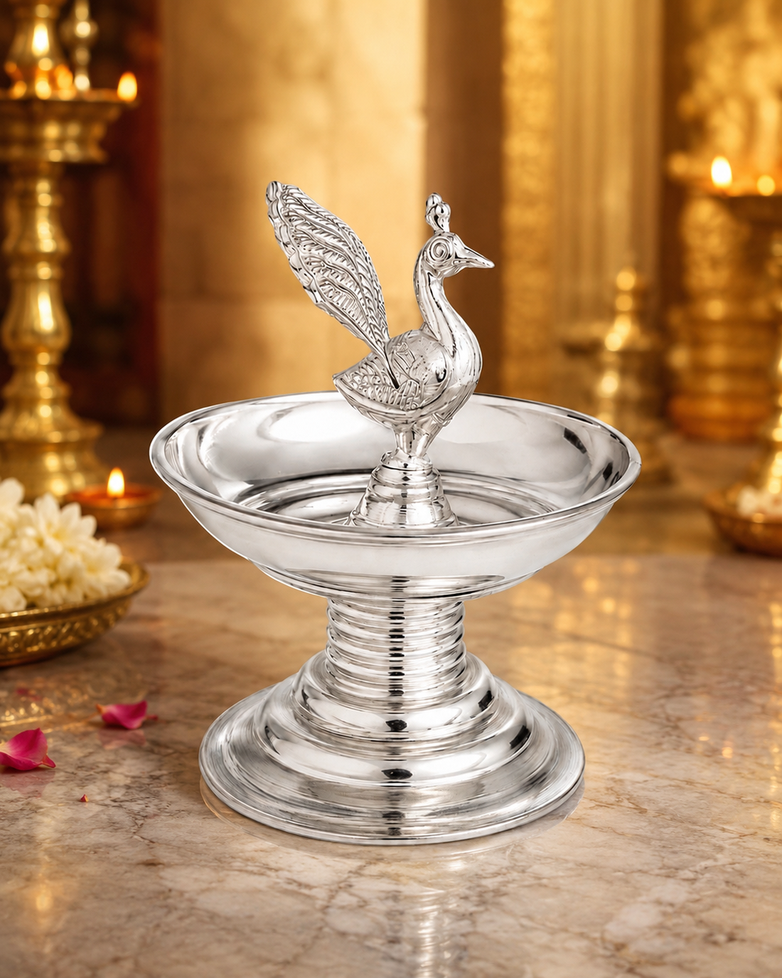Real Silver Peacock Pedestal Diya – Traditional Pooja Lamp for Home Temple - image 3