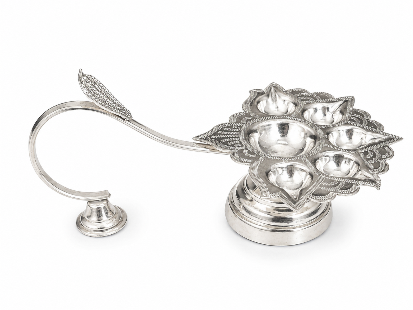 Real Silver Floral Multi-Wick Aarti Diya with Handle – Premium Pooja Lamp - image 1