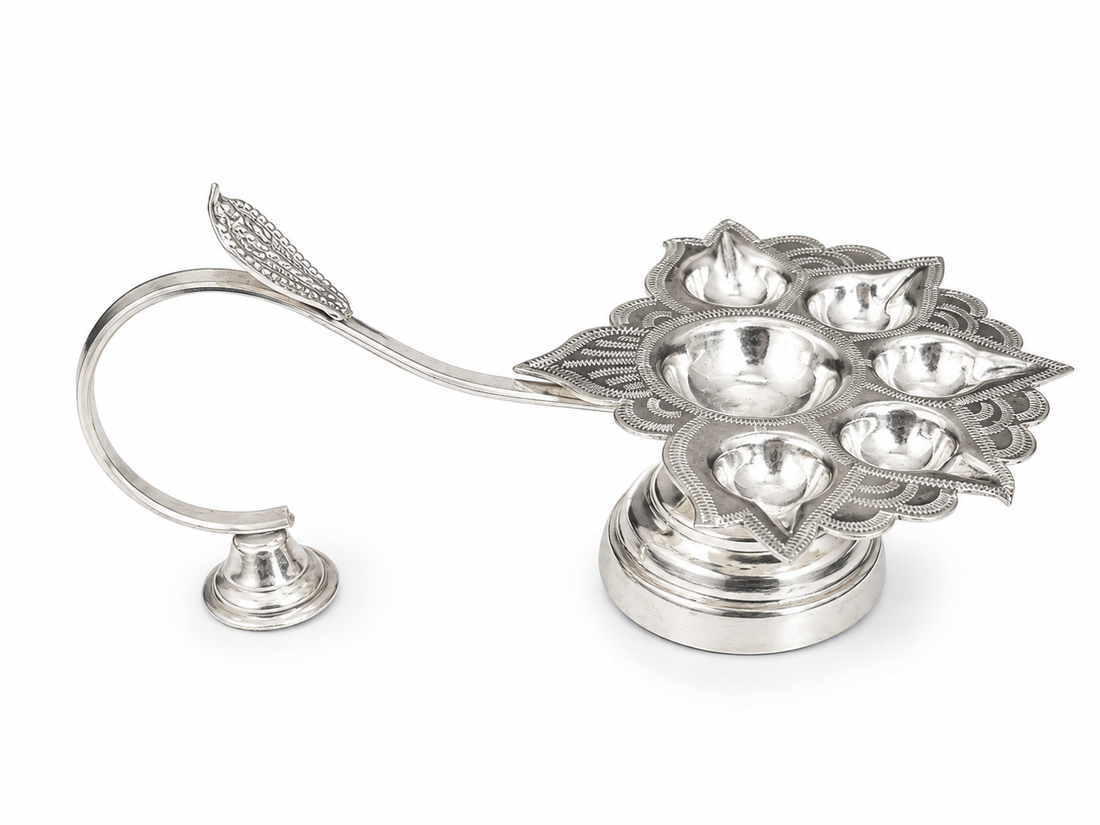 Real Silver Floral Multi-Wick Aarti Diya with Handle – Premium Pooja Lamp - image 1