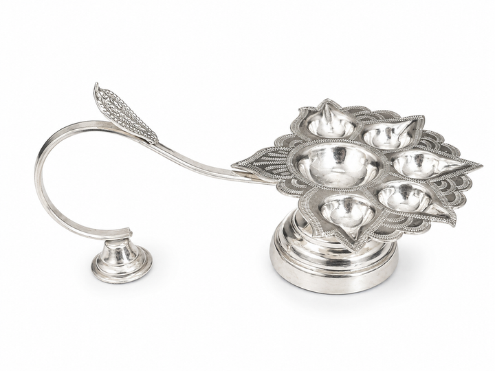 Real Silver Floral Multi-Wick Aarti Diya with Handle – Premium Pooja Lamp - image 1