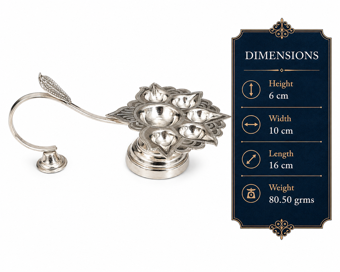 Real Silver Floral Multi-Wick Aarti Diya with Handle – Premium Pooja Lamp - image 2