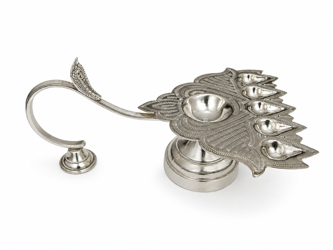 Real Silver Leaf Design Multi-Wick Aarti Diya with Handle – Pooja Lamp - image 1