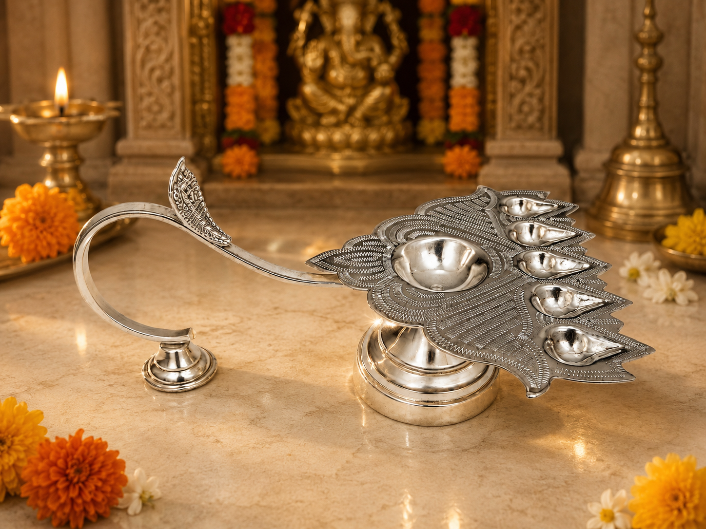 Real Silver Leaf Design Multi-Wick Aarti Diya with Handle – Pooja Lamp - image 3