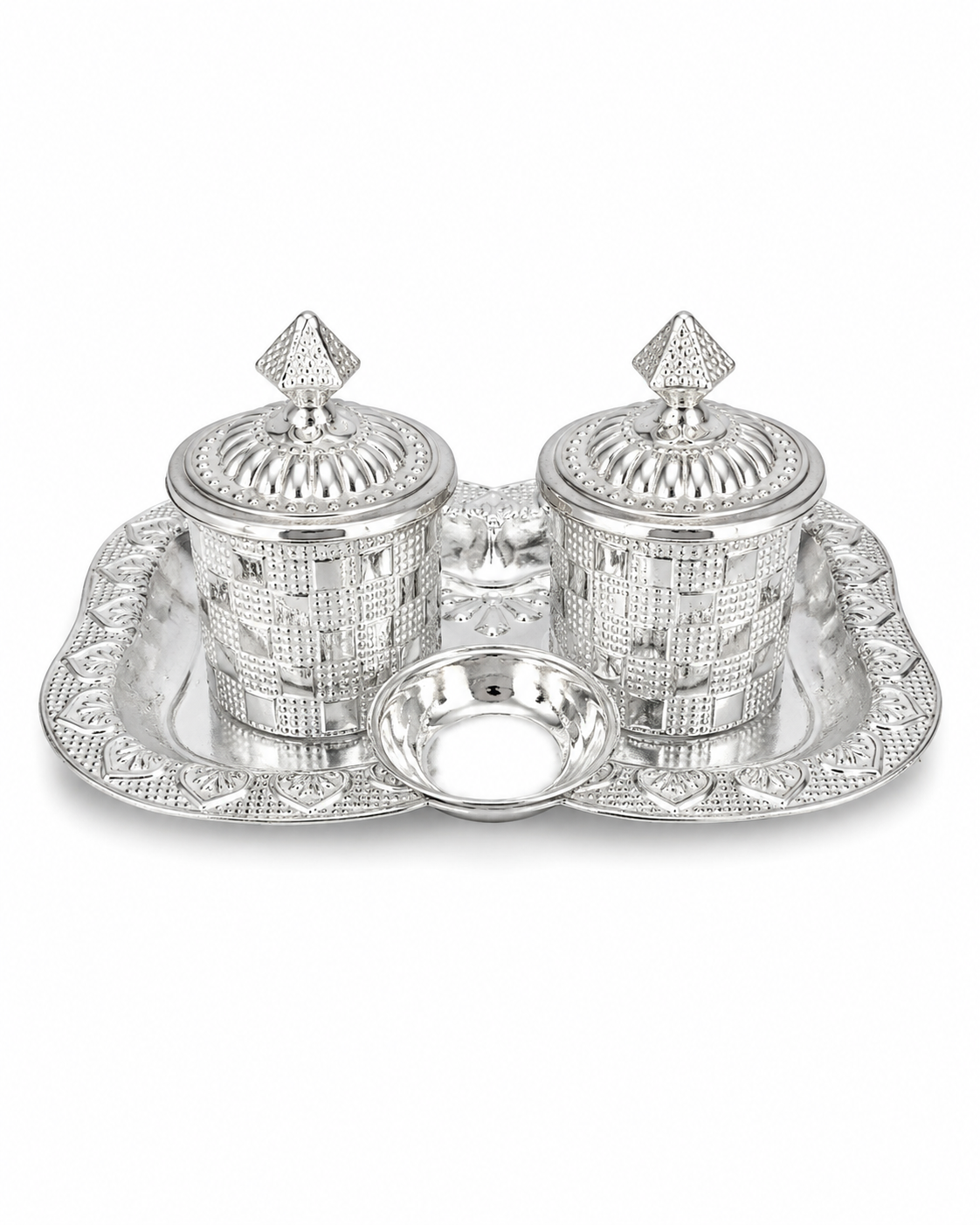 Real Silver Double Kumkum Container Pooja Set with Decorative Tray - image 1