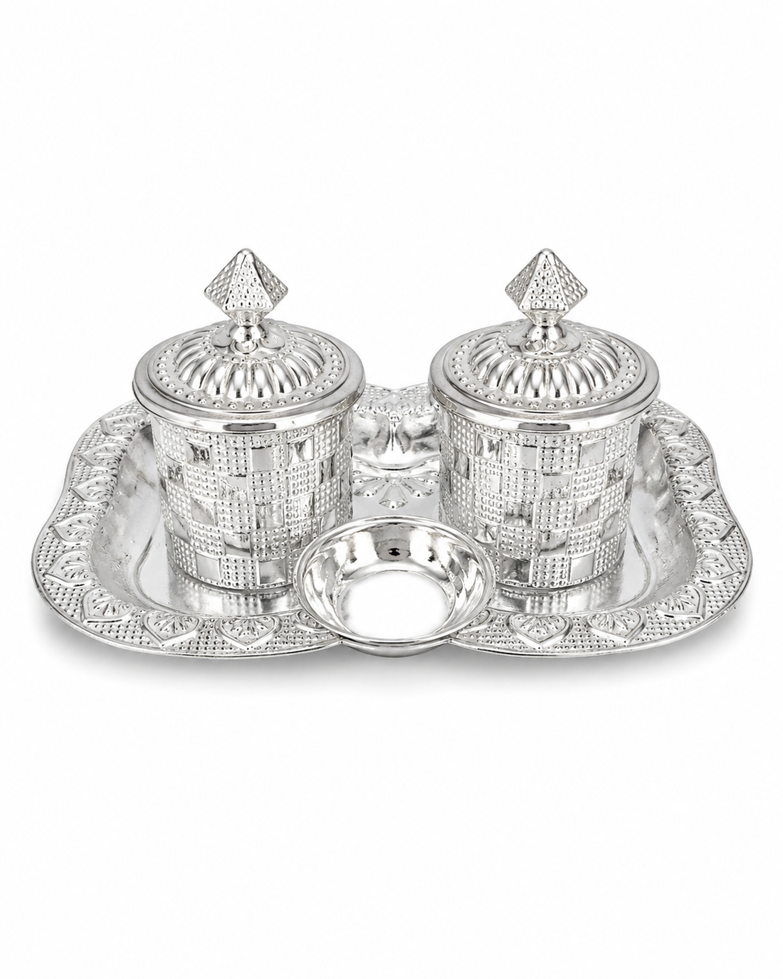 Real Silver Double Kumkum Container Pooja Set with Decorative Tray - image 1
