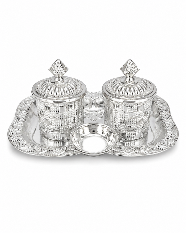 Real Silver Double Kumkum Container Pooja Set with Decorative Tray - image 1
