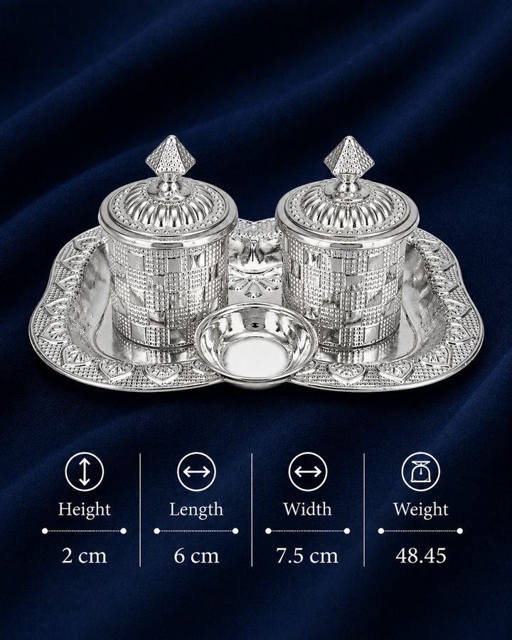 Real Silver Double Kumkum Container Pooja Set with Decorative Tray - image 2