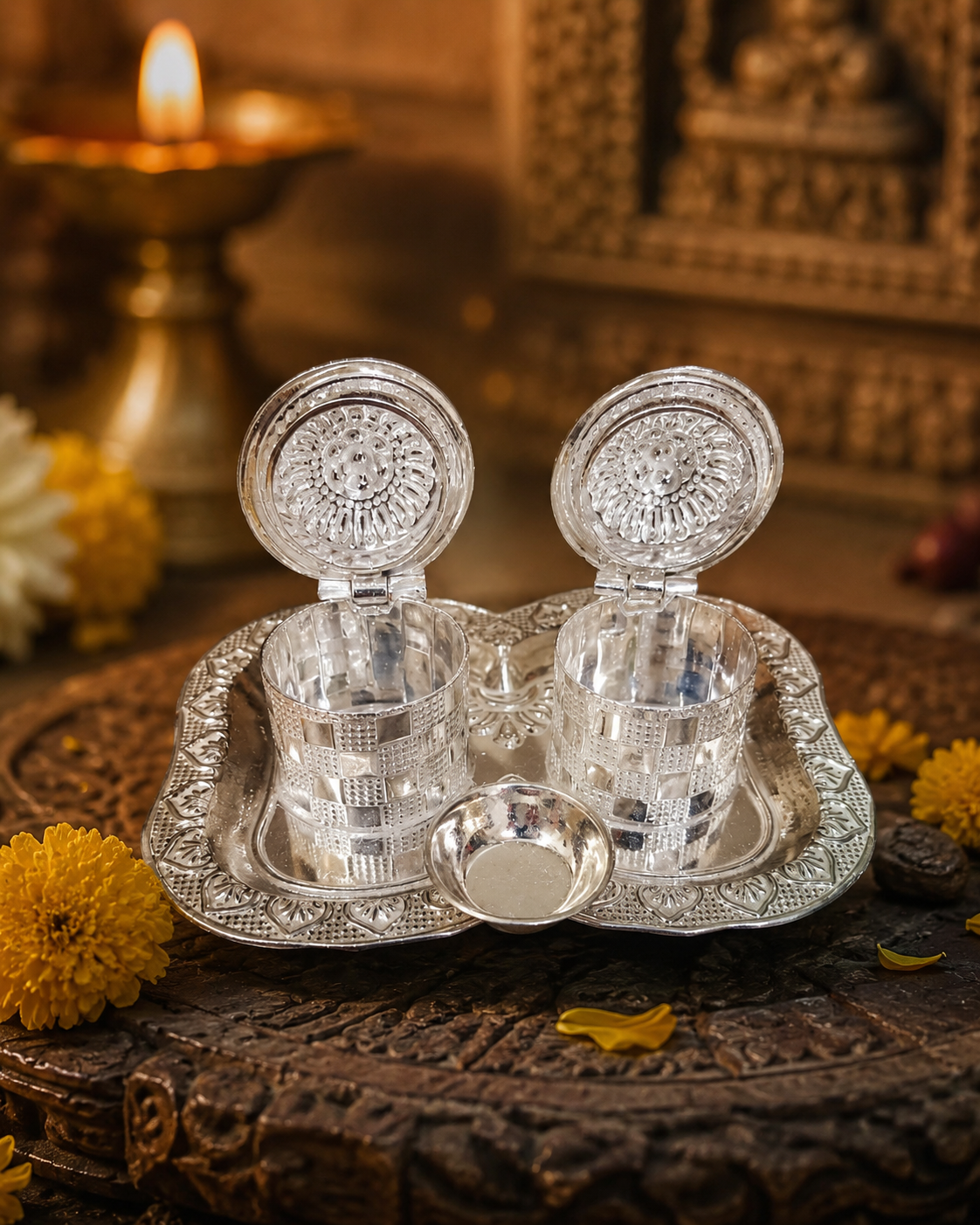 Real Silver Double Kumkum Container Pooja Set with Decorative Tray - image 3