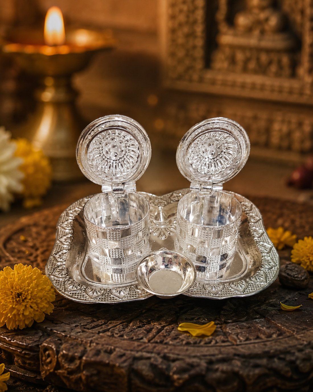 Real Silver Double Kumkum Container Pooja Set with Decorative Tray - image 3
