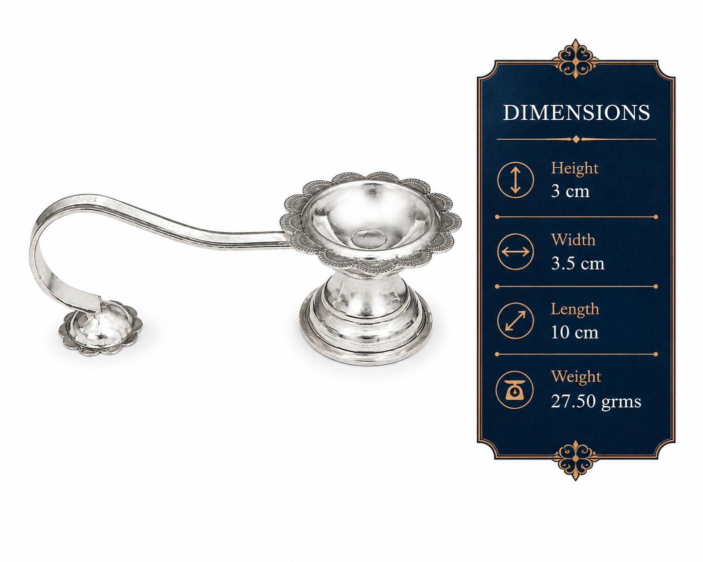 Real Silver Floral Long Handle Aarti Diya – Traditional Pooja Lamp - image 2