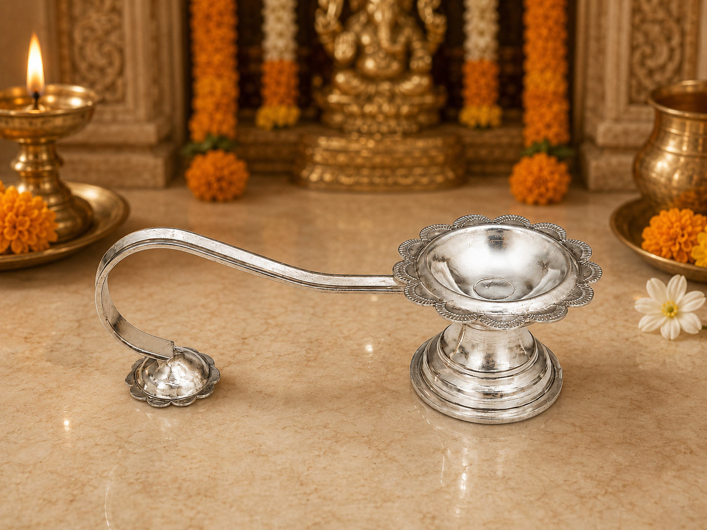 Real Silver Floral Long Handle Aarti Diya – Traditional Pooja Lamp - image 3