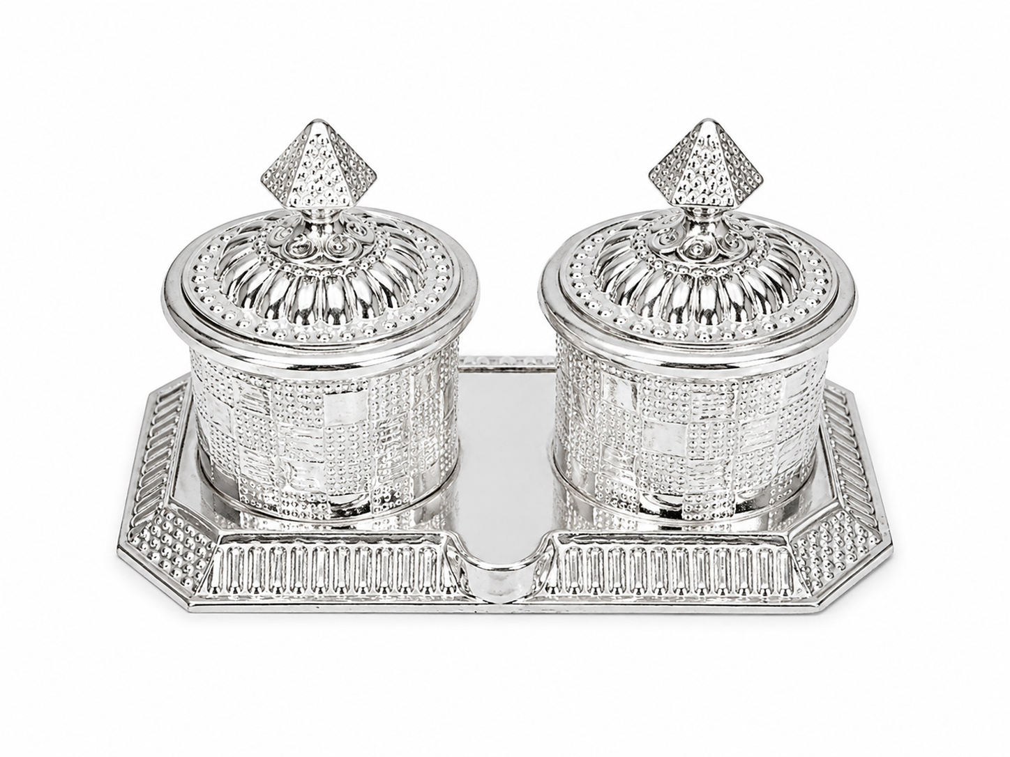 Real Silver Double Kumkum Container Set with Geometric Tray - image 1