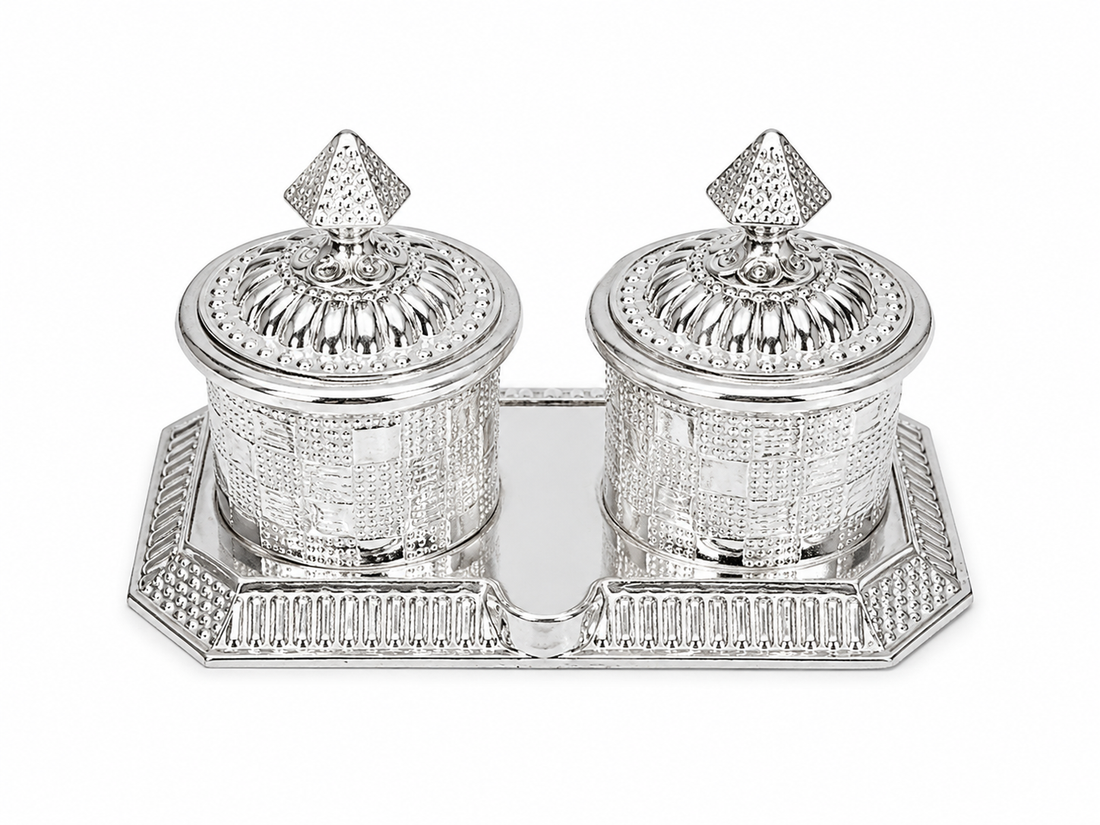 Real Silver Double Kumkum Container Set with Geometric Tray - image 1