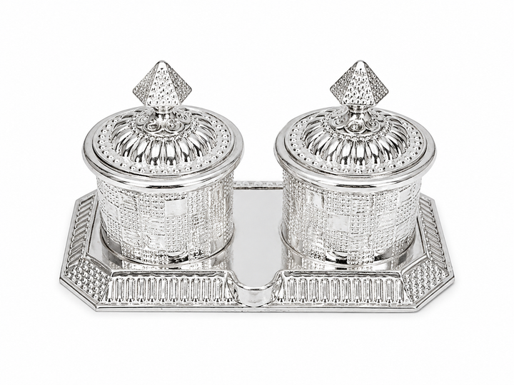 Real Silver Double Kumkum Container Set with Geometric Tray - image 1