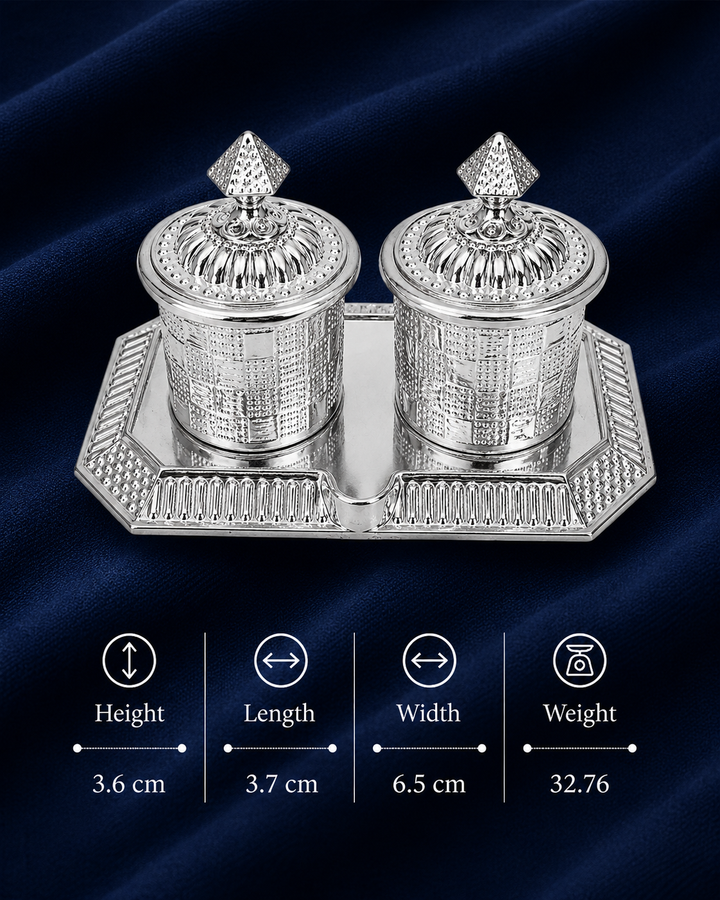 Real Silver Double Kumkum Container Set with Geometric Tray - image 2