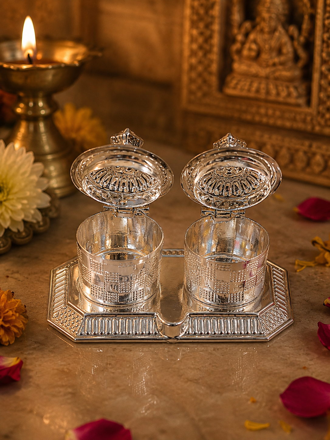Real Silver Double Kumkum Container Set with Geometric Tray - image 3