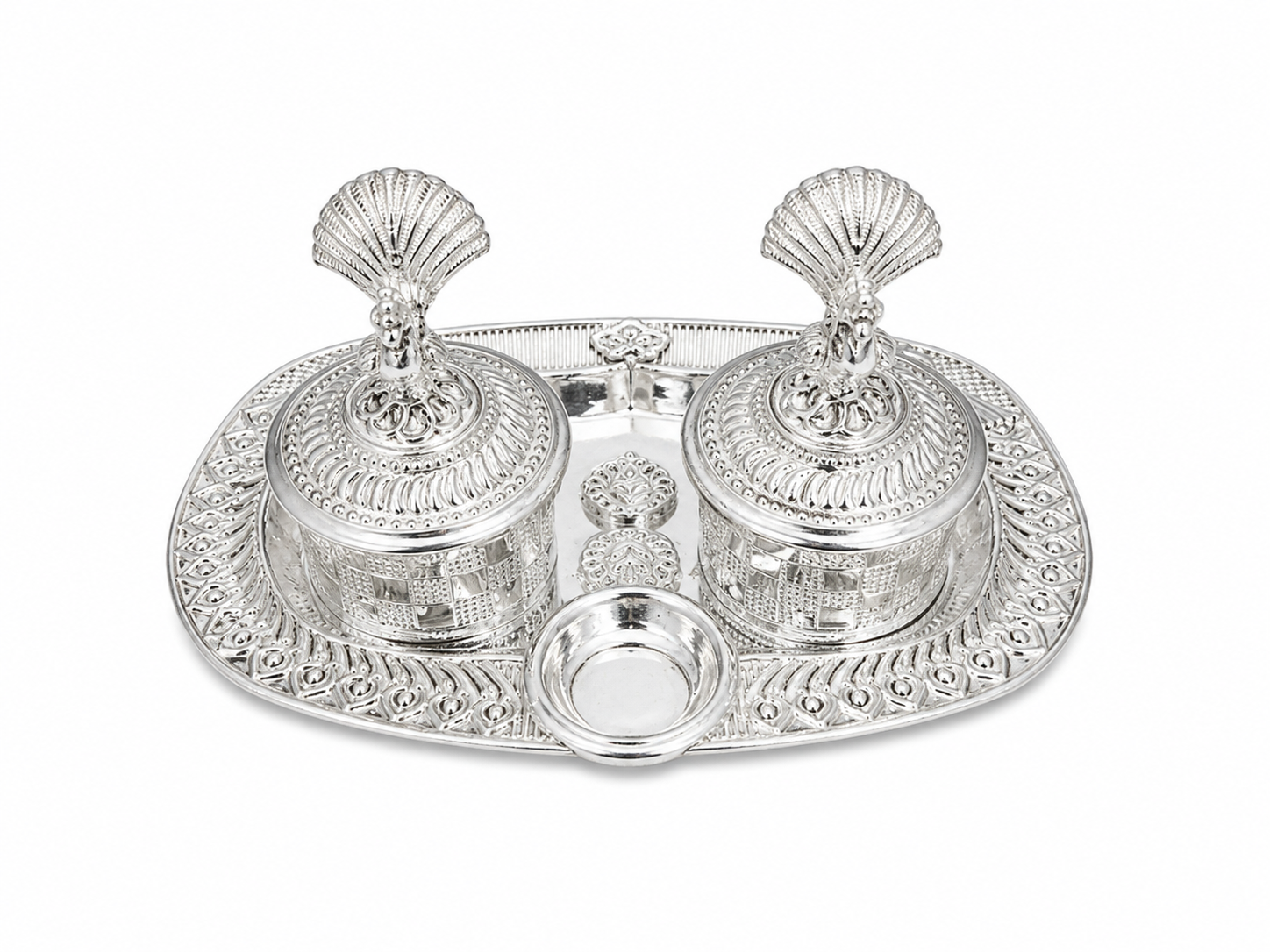 Real Silver Double Kumkum Container Set with Decorative Finials & Oval Tray - image 1