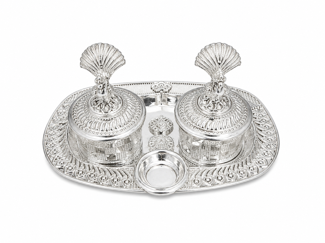 Real Silver Double Kumkum Container Set with Decorative Finials & Oval Tray - image 1