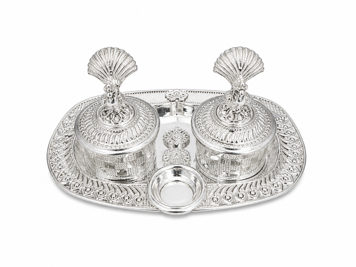 Real Silver Double Kumkum Container Set with Decorative Finials & Oval Tray - image 1