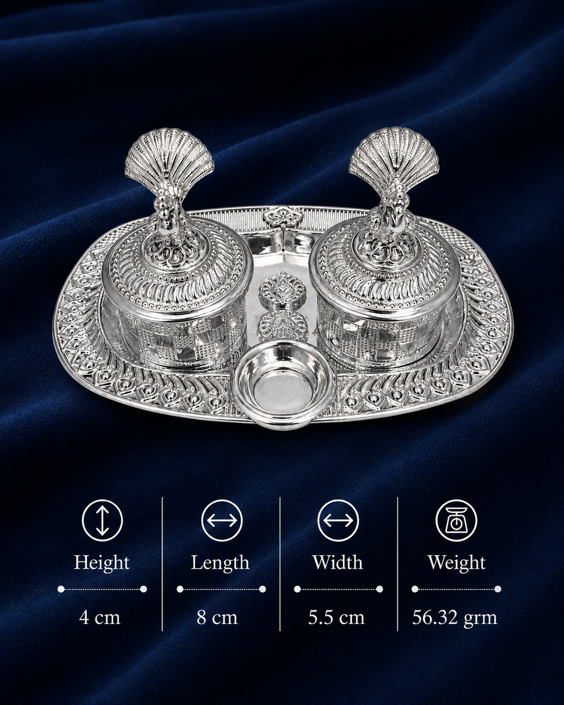 Real Silver Double Kumkum Container Set with Decorative Finials & Oval Tray - image 2