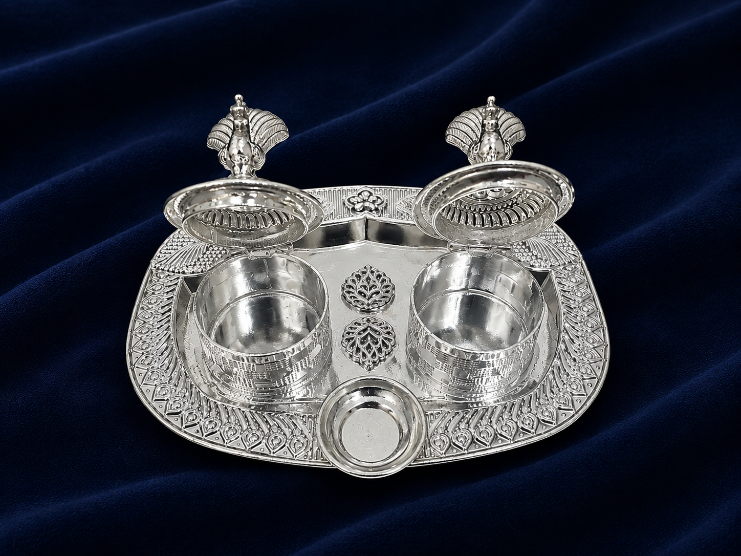 Real Silver Double Kumkum Container Set with Decorative Finials & Oval Tray - image 3