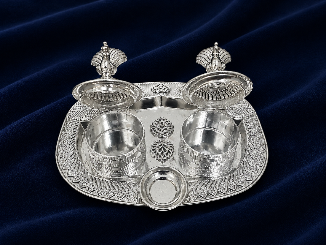 Real Silver Double Kumkum Container Set with Decorative Finials & Oval Tray - image 3